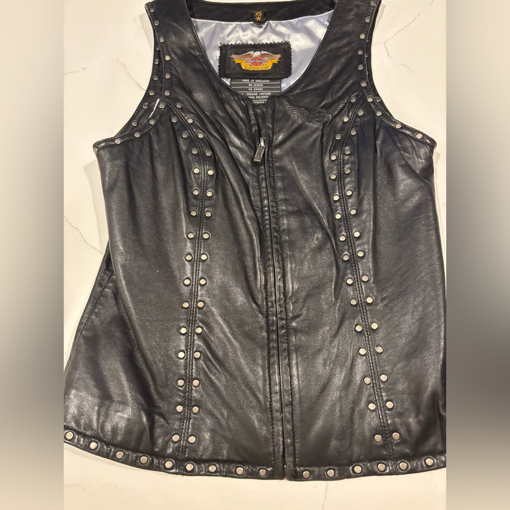 Vintage Harley Davidson Black Leather fancy ✨silver  Studded ✨Vest -XS-Zip front - Picture 2 of 16